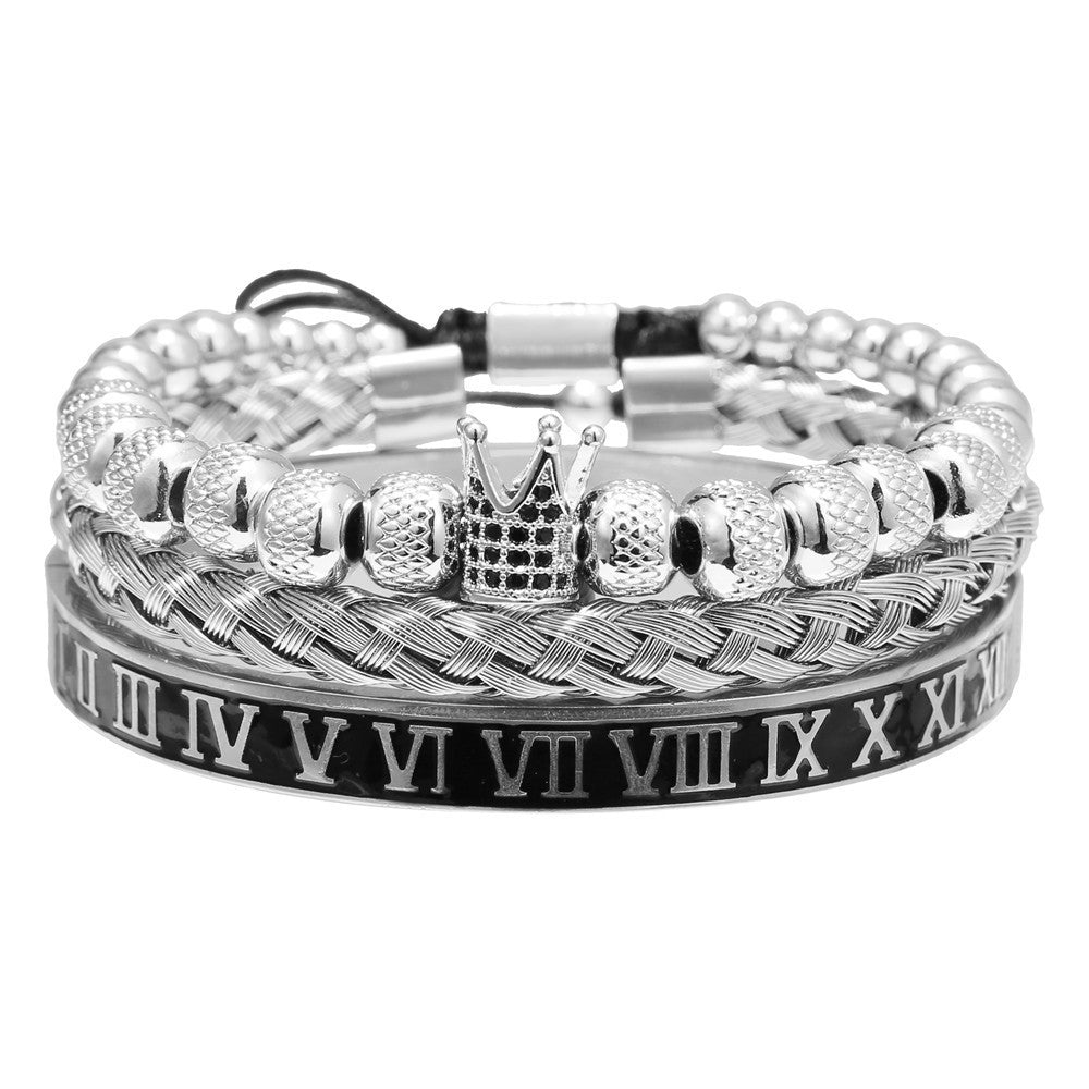 3pcs/set Black Roman Numeral Stainless Steel Bangle Crown Bracelet Set for Men Silver Set Men Bracelets Charms Beads Beyond