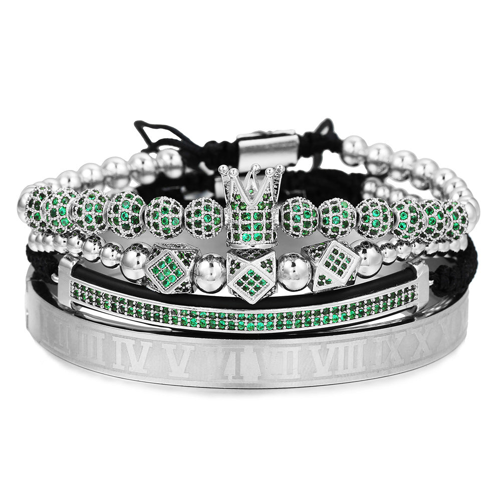 4pcs/set Multicolor CZ Paved Bracelets & Stainless Steel Bangles Set for Men Green on Silver Men Bracelets Charms Beads Beyond