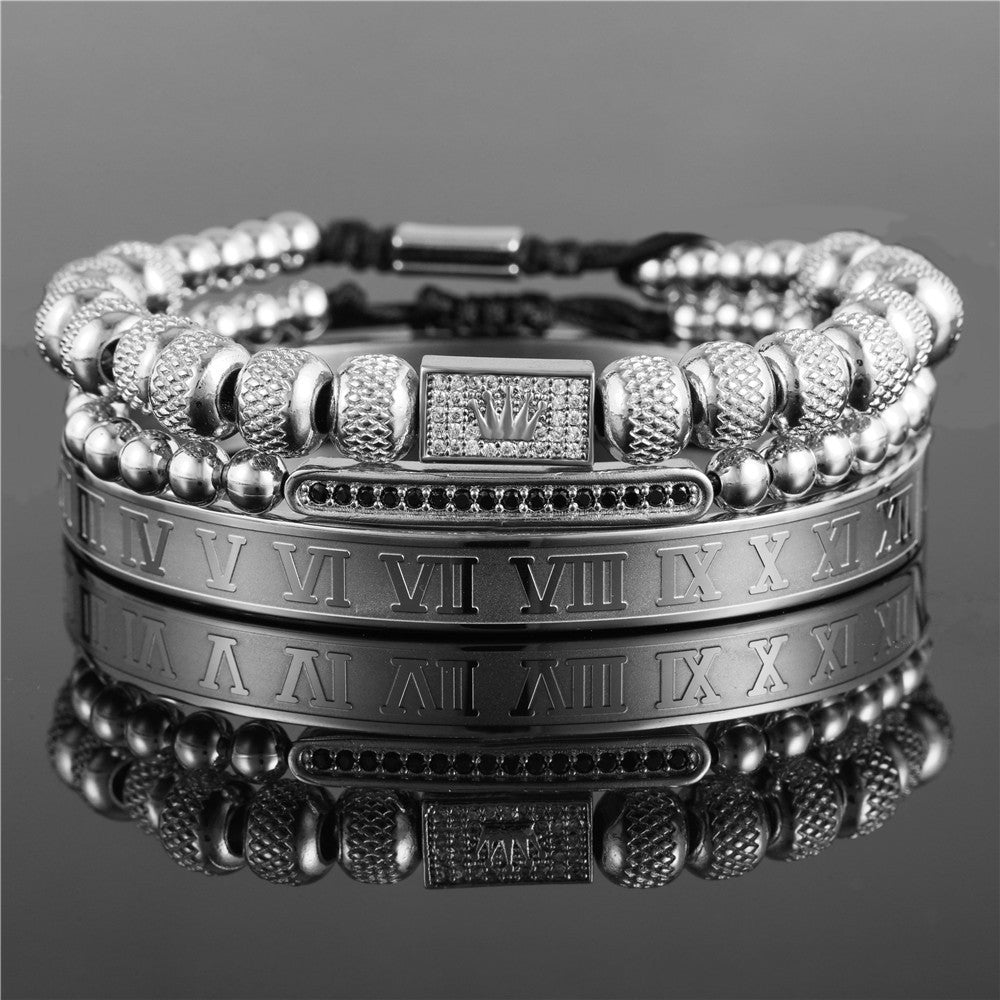 3pcs/set Stainless Steel Roman Bangle CZ Crown Bracelet Set for Men All Silver Set Men Bracelets Charms Beads Beyond