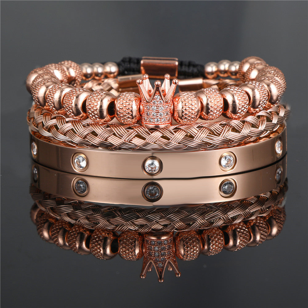 3pcs/set CZ Paved Crown Bracelet & Stainless Steel Bangle Set All Rose Gold Set Men Bracelets Charms Beads Beyond