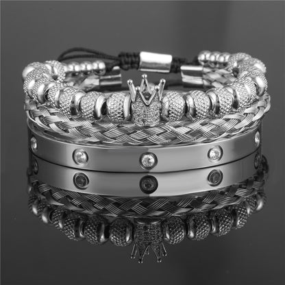 3pcs/set CZ Paved Crown Bracelet & Stainless Steel Bangle Set All Silver Set Men Bracelets Charms Beads Beyond