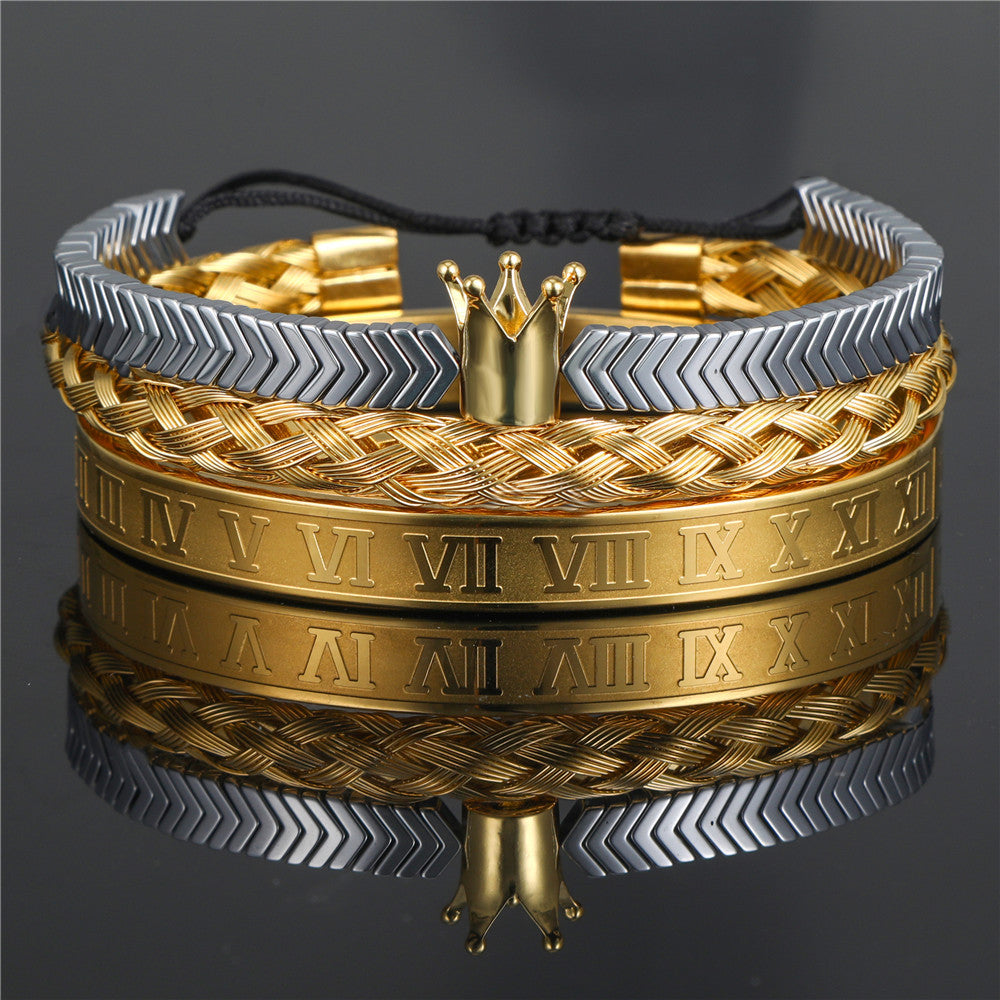 3pcs/set Stainless Steel Bangle Crown Hematite Bracelet Set for Men Silver Hematite+Gold Bangle Men Bracelets Charms Beads Beyond
