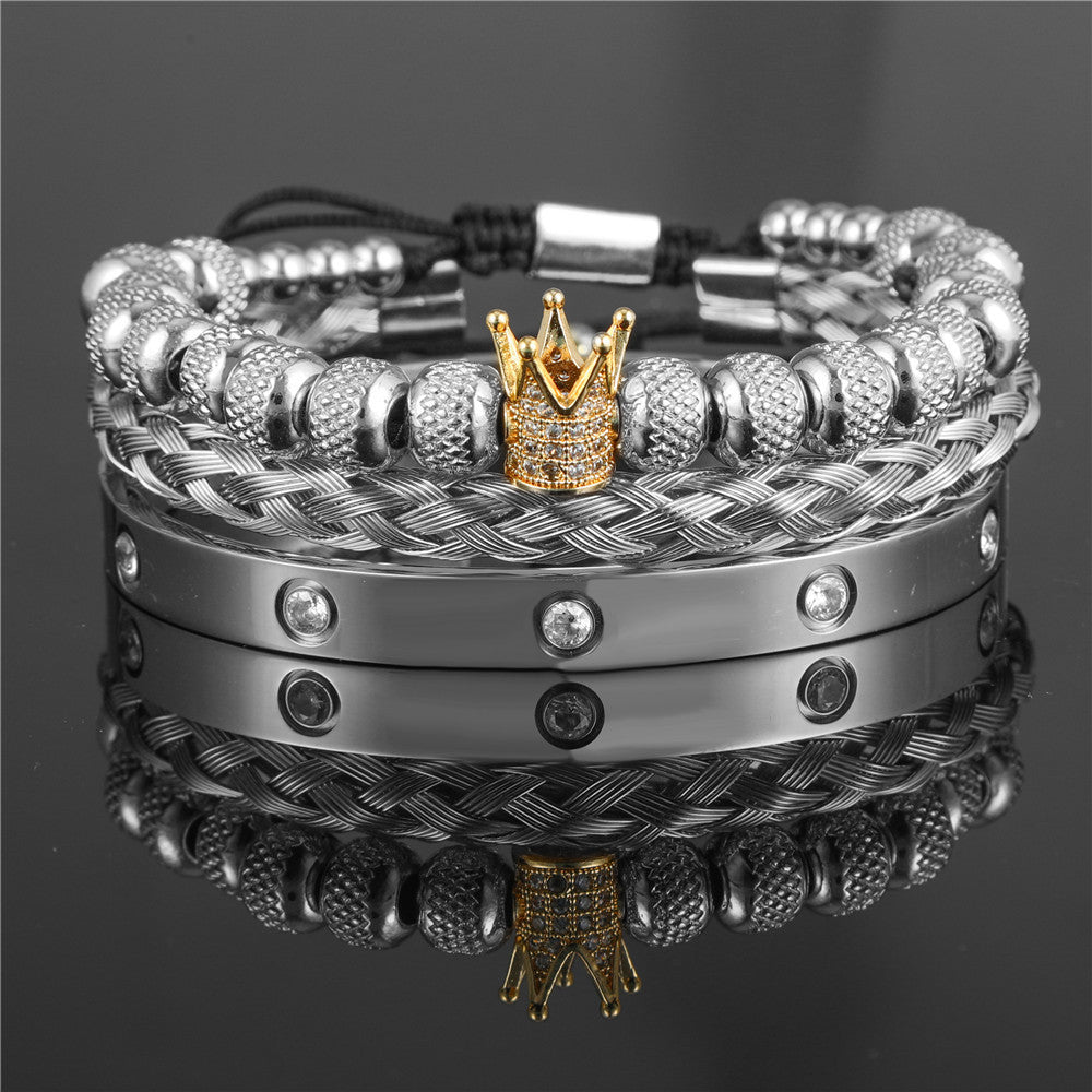 3pcs/set CZ Paved Crown Bracelet & Stainless Steel Bangle Set Gold Crown + Silver Set Men Bracelets Charms Beads Beyond