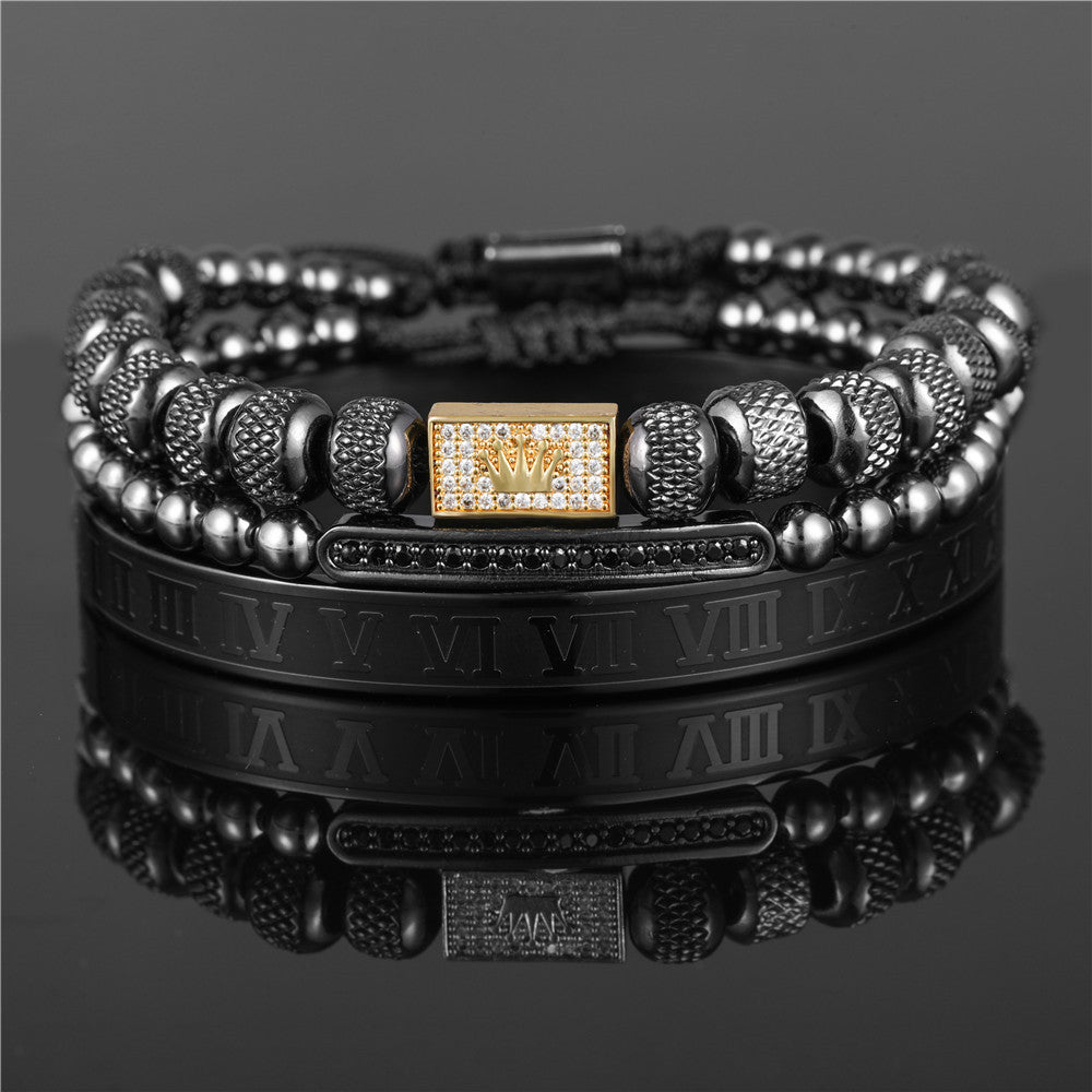 3pcs/set Stainless Steel Roman Bangle CZ Crown Bracelet Set for Men Gold Crown + Black Set Men Bracelets Charms Beads Beyond