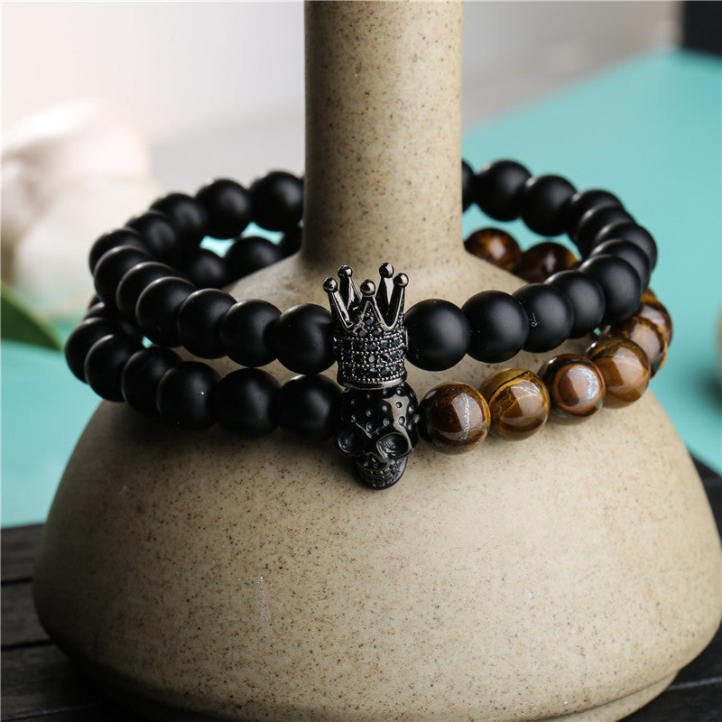 5 sets/lot CZ Paved Black Matte Yellow Tiger Eye Stone Bracelets Men Bracelets Charms Beads Beyond