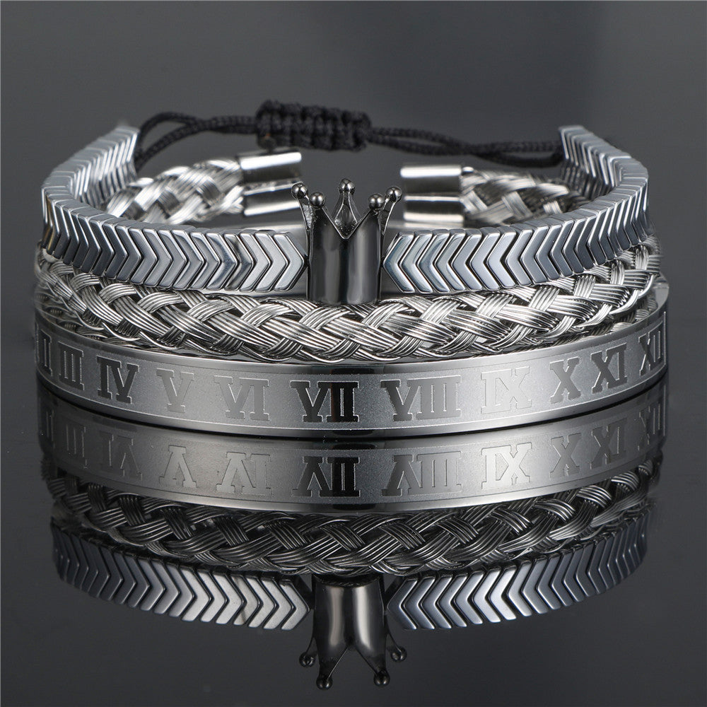 3pcs/set Stainless Steel Bangle Crown Hematite Bracelet Set for Men Black Crown+Silver Bracelet Men Bracelets Charms Beads Beyond