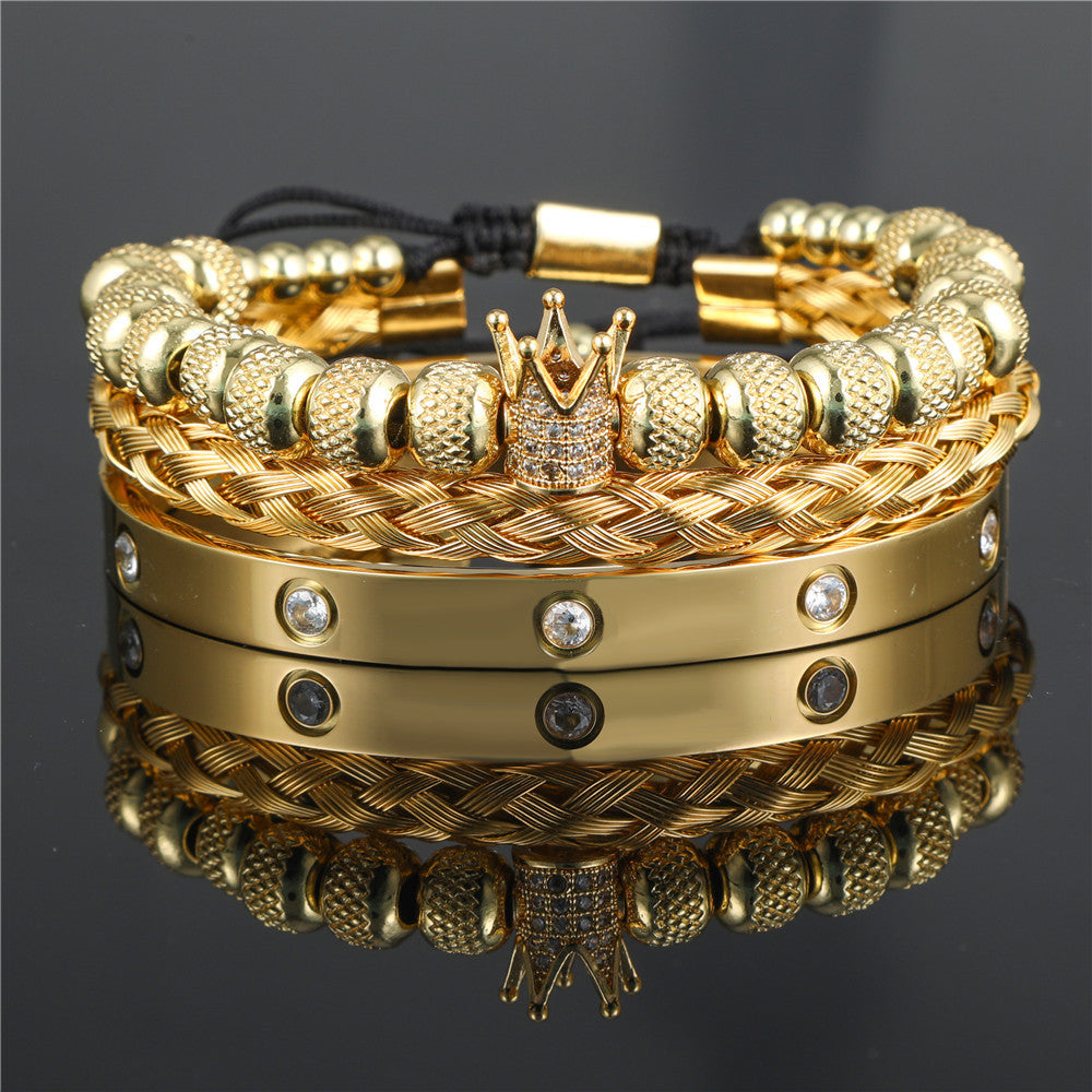 3pcs/set CZ Paved Crown Bracelet & Stainless Steel Bangle Set All Gold Set Men Bracelets Charms Beads Beyond