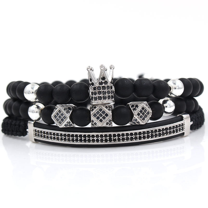 3pcs/set 6mm Black Matte Stone CZ Paved Beads Bracelet Silver Men Bracelets Charms Beads Beyond