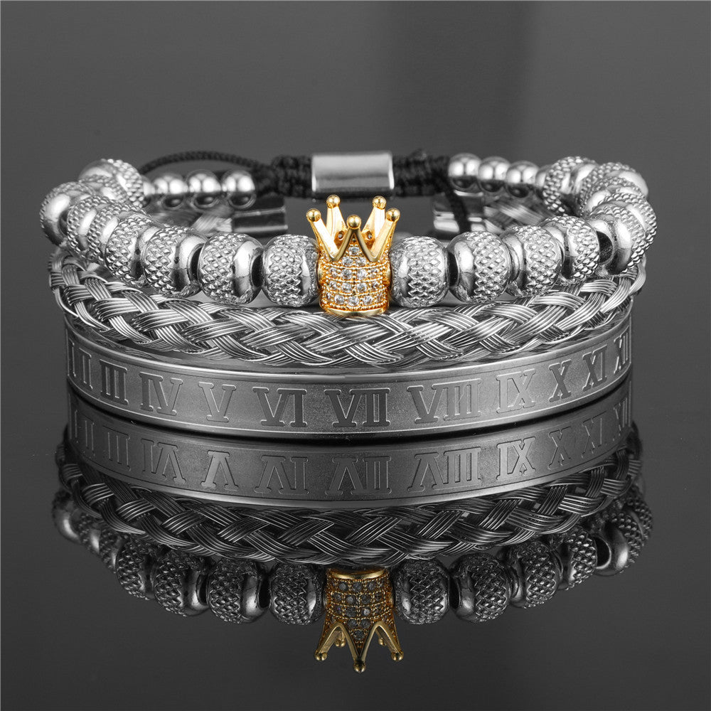 3pcs/set CZ Paved Crown Bracelet & Roman Numeral Bangle Set Gold Crown + Silver Set Men Bracelets Charms Beads Beyond