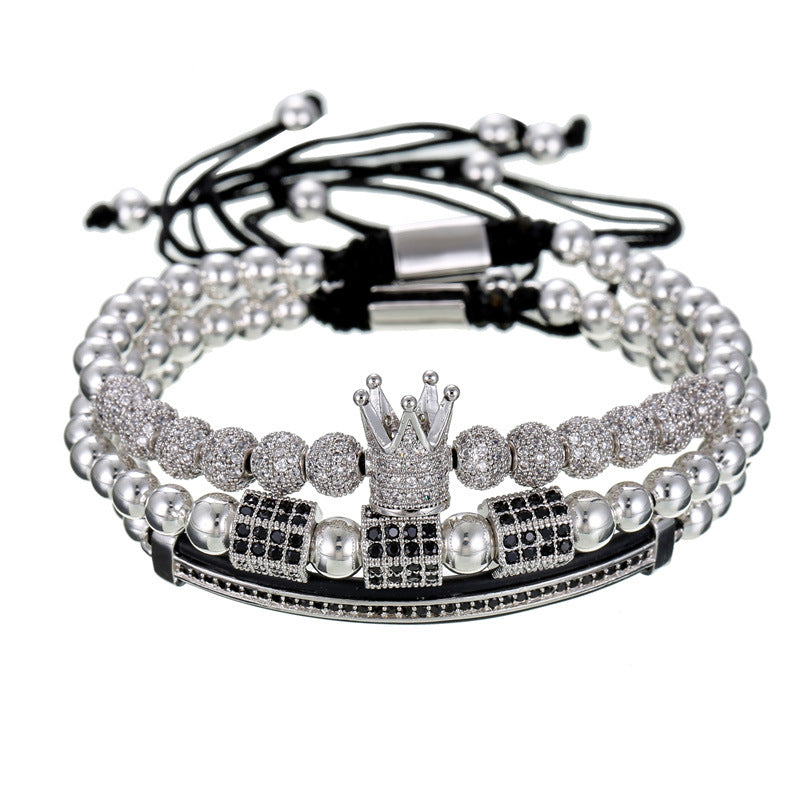 3pcs/set CZ Paved Hexagon Beads Bracelets for Men Silver Men Bracelets Charms Beads Beyond