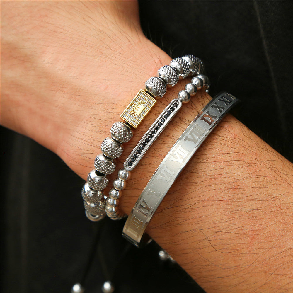 3pcs/set Stainless Steel Roman Bangle CZ Crown Bracelet Set for Men Men Bracelets Charms Beads Beyond