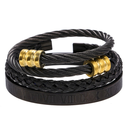 3pcs/set Stainless Steel Roman Bracelets & Bangles for Men Black+Gold Men Bracelets Charms Beads Beyond