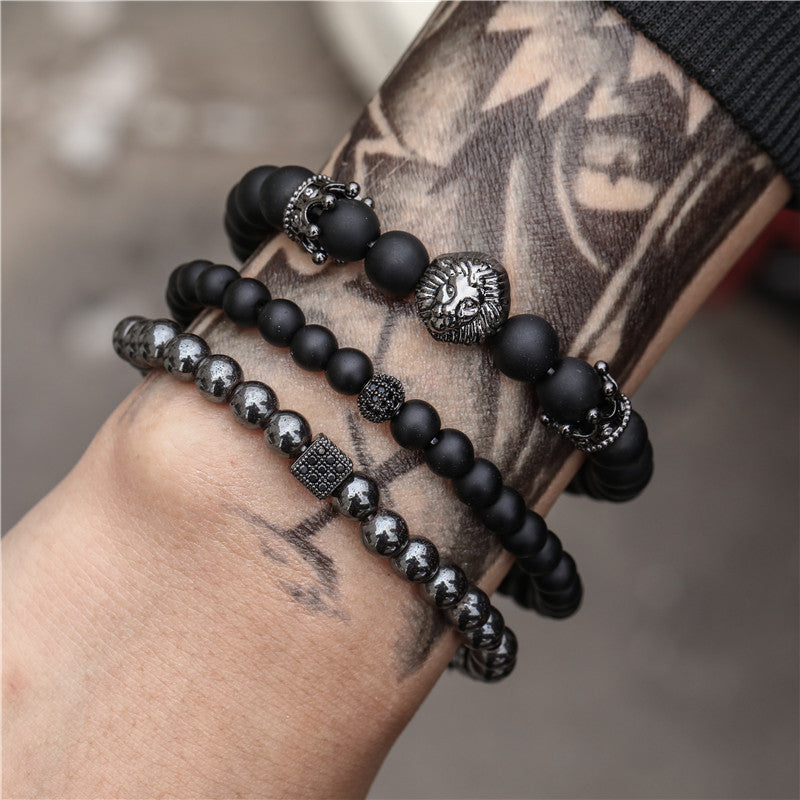 5 sets/lot Lion Spacers Black Matte Stone Bracelets Men Bracelets Charms Beads Beyond