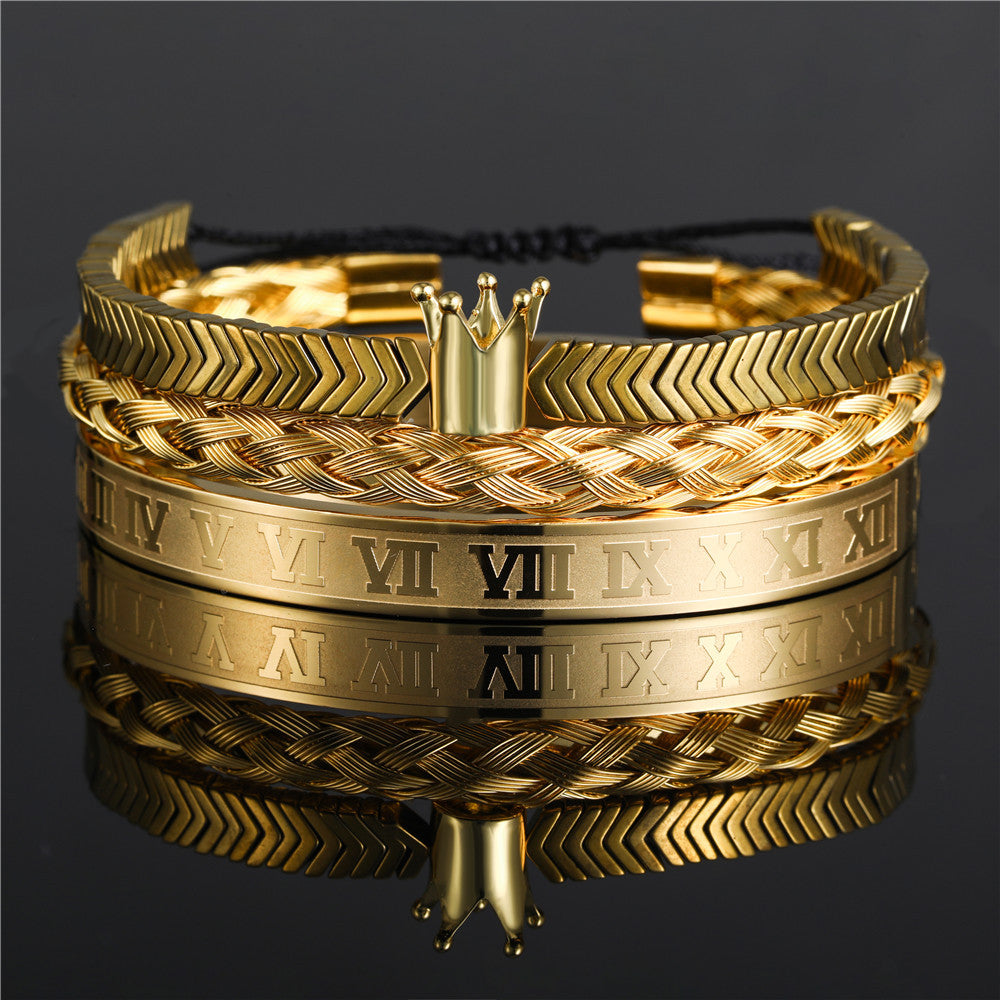 3pcs/set Stainless Steel Bangle Crown Hematite Bracelet Set for Men All Gold Sets Men Bracelets Charms Beads Beyond
