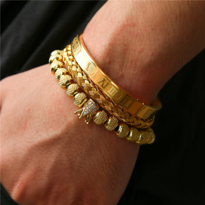 3pcs/set CZ Paved Crown Bracelet & Roman Numeral Bangle Set Men Bracelets Charms Beads Beyond