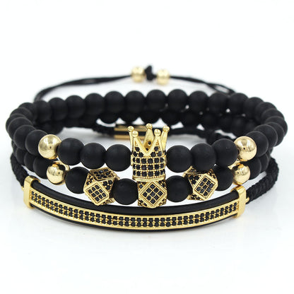 3pcs/set 6mm Black Matte Stone CZ Paved Beads Bracelet Gold Men Bracelets Charms Beads Beyond