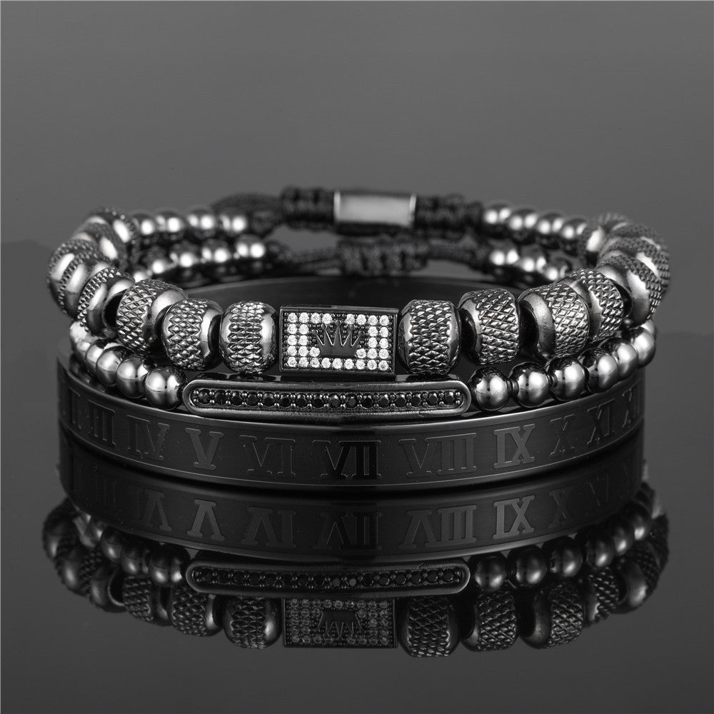 3pcs/set Stainless Steel Roman Bangle CZ Crown Bracelet Set for Men All Black Set Men Bracelets Charms Beads Beyond