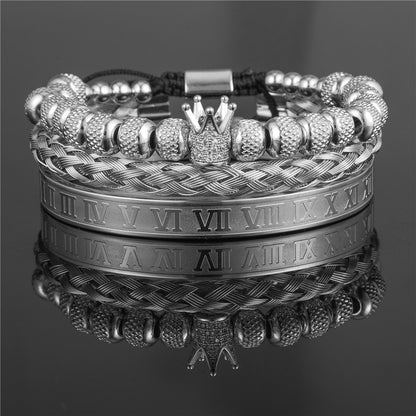 3pcs/set CZ Paved Crown Bracelet & Roman Numeral Bangle Set All Silver Set Men Bracelets Charms Beads Beyond