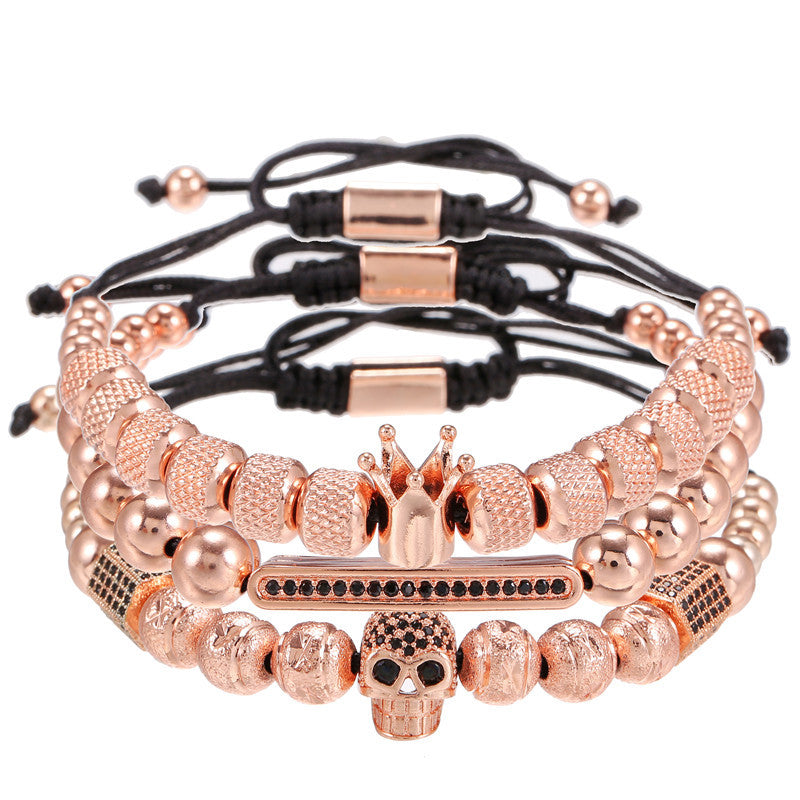 3pcs/set CZ Paved Skull Bracelets for Men Rose Gold Men Bracelets Charms Beads Beyond
