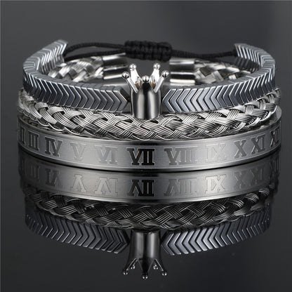 3pcs/set Stainless Steel Bangle Crown Hematite Bracelet Set for Men Silver Crown+Silver Bracelet Men Bracelets Charms Beads Beyond
