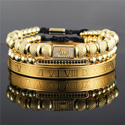 3pcs/set Stainless Steel Roman Bangle CZ Crown Bracelet Set for Men All Gold Set Men Bracelets Charms Beads Beyond