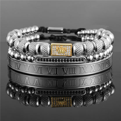 3pcs/set Stainless Steel Roman Bangle CZ Crown Bracelet Set for Men Gold Crown+Silver Set Men Bracelets Charms Beads Beyond