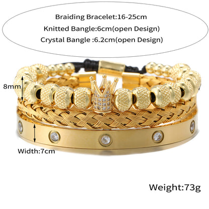 3pcs/set CZ Paved Crown Bracelet & Stainless Steel Bangle Set Men Bracelets Charms Beads Beyond