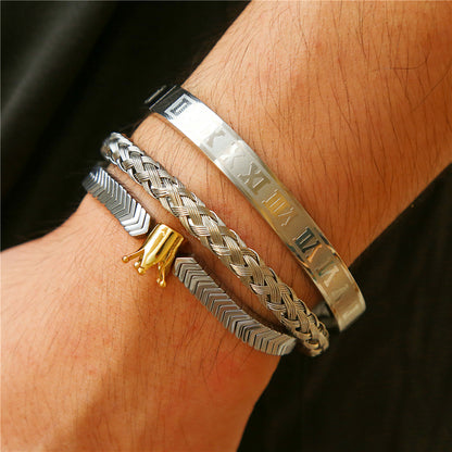 3pcs/set Stainless Steel Bangle Crown Hematite Bracelet Set for Men Men Bracelets Charms Beads Beyond