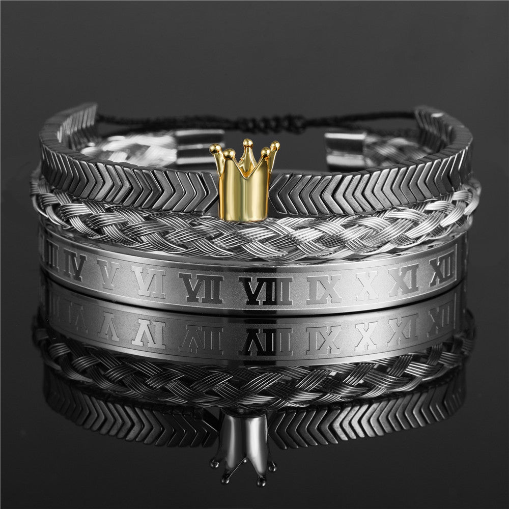 3pcs/set Stainless Steel Bangle Crown Hematite Bracelet Set for Men Gold Crown+Silver Bracelet Men Bracelets Charms Beads Beyond