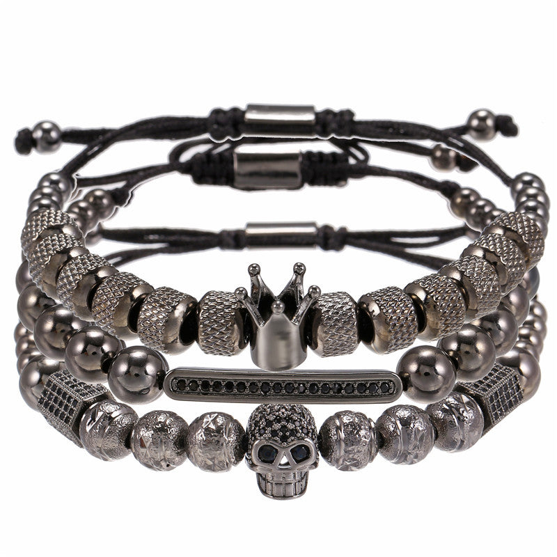 3pcs/set CZ Paved Skull Bracelets for Men Black Men Bracelets Charms Beads Beyond