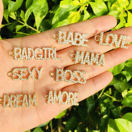 5Pcs Cubic Zirconia Pave Sexy Word Charms Gold Plated Letter
