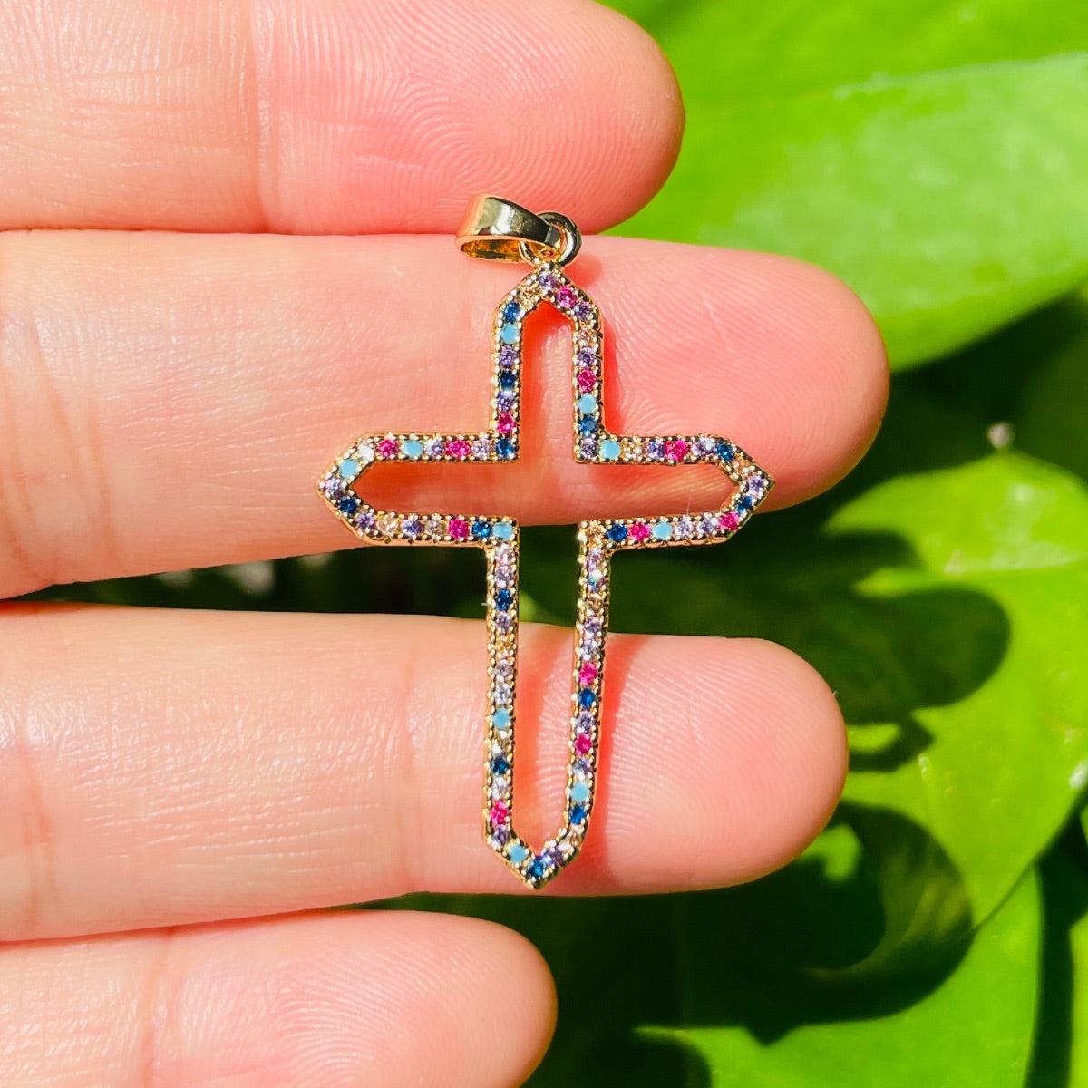 5pcs/lot CZ Paved Hollow Cross Charms Multicolor on Gold CZ Paved Charms Crosses Charms Beads Beyond