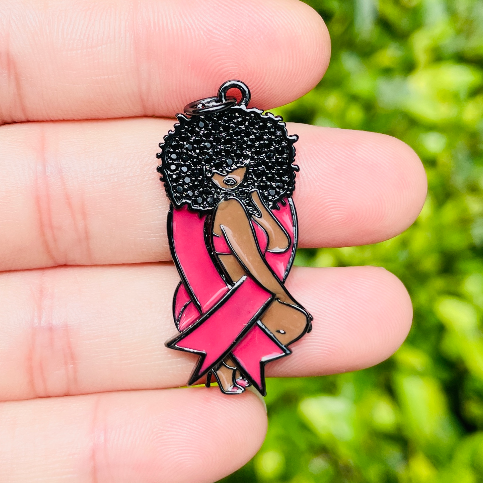 10pcs/lot Pink Ribbon CZ Pave Afro Black Girl Charms for Breast Cancer Awareness CZ Paved Charms Afro Girl/Queen Charms Breast Cancer Awareness Charms Beads Beyond