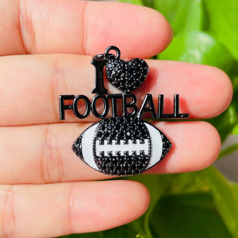 10pcs/lot CZ Pave I Love Football Word Sports Charms Black on Black CZ Paved Charms American Football Sports New Charms Arrivals Charms Beads Beyond