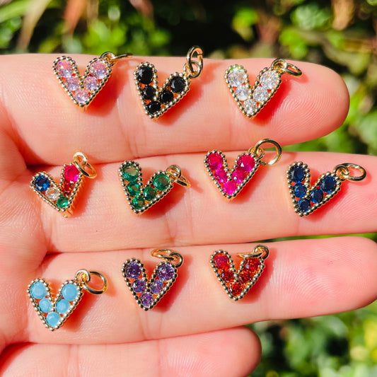10pcs/lot 10*9.5mm Small Size Multicolor Colorful CZ Paved Heart Charms Mix Colors CZ Paved Charms Colorful Zirconia Hearts New Charms Arrivals Small Sizes Charms Beads Beyond