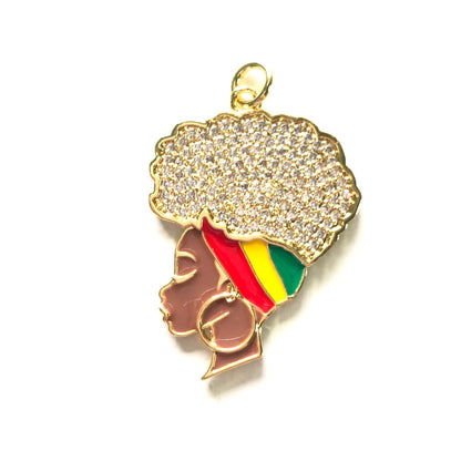 10pcs/lot 36*26mm CZ Paved Red Yellow Green Headband Afro Girl Charms for Juneteenth Black History Awareness Gold CZ Paved Charms Afro Girl/Queen Charms Juneteenth & Black History Month Awareness New Charms Arrivals Charms Beads Beyond