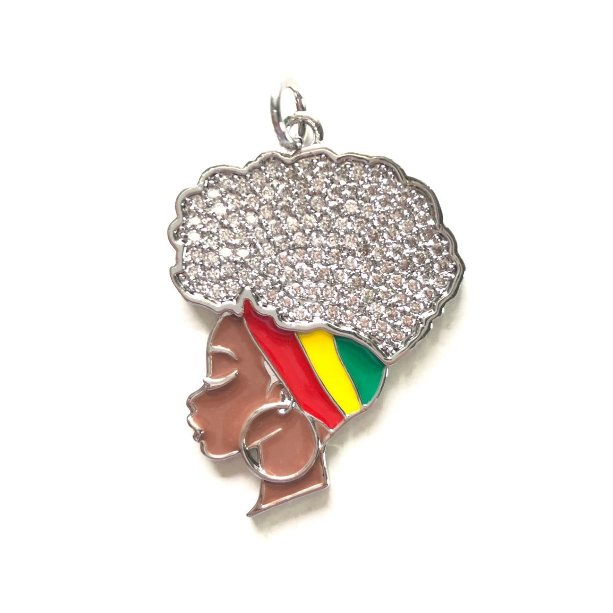 10pcs/lot 36*26mm CZ Paved Red Yellow Green Headband Afro Girl Charms for Juneteenth Black History Awareness Silver CZ Paved Charms Afro Girl/Queen Charms Juneteenth & Black History Month Awareness New Charms Arrivals Charms Beads Beyond