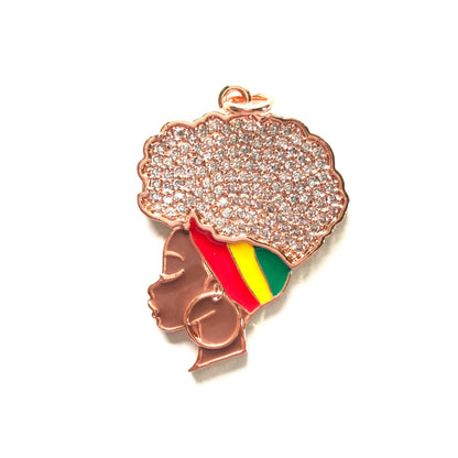 10pcs/lot 36*26mm CZ Paved Red Yellow Green Headband Afro Girl Charms for Juneteenth Black History Awareness Rose Gold CZ Paved Charms Afro Girl/Queen Charms Juneteenth & Black History Month Awareness New Charms Arrivals Charms Beads Beyond