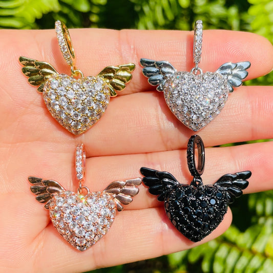 10pcs/lot 29.2*18.6mm CZ Paved Angel Wing 3D Heart Charms Mix Colors CZ Paved Charms Hearts New Charms Arrivals Charms Beads Beyond