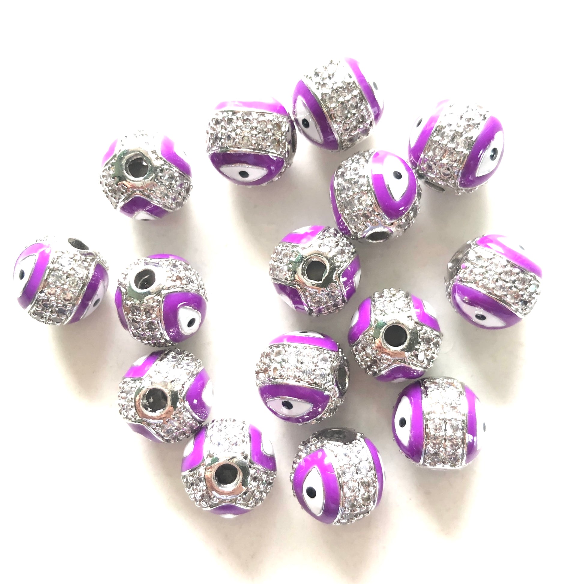 10pcs/lot 10mm CZ Paved Silver Evil Eye Spacers Purple CZ Paved Spacers 10mm Beads Ball Beads New Spacers Arrivals Charms Beads Beyond