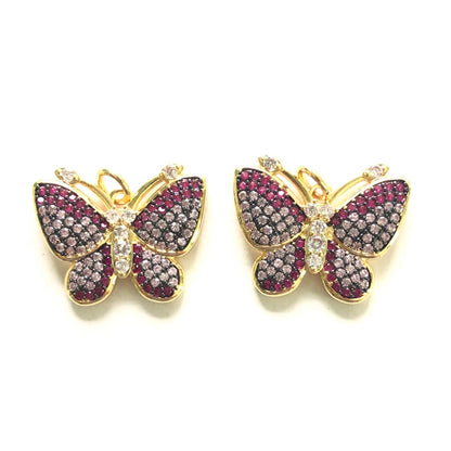 5pcs/lot 25*20mm Fuchsia Pink CZ Paved Gold Butterfly Charms CZ Paved Charms Butterflies Colorful Zirconia New Charms Arrivals Charms Beads Beyond