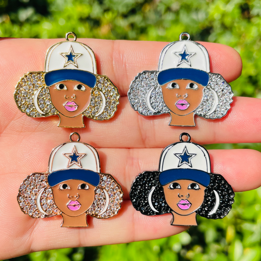 10pcs/lot 32.8*29.5mm CZ Paved Cowboys Black Girl Charms Mix Colors CZ Paved Charms Afro Girl/Queen Charms American Football Sports New Charms Arrivals Charms Beads Beyond