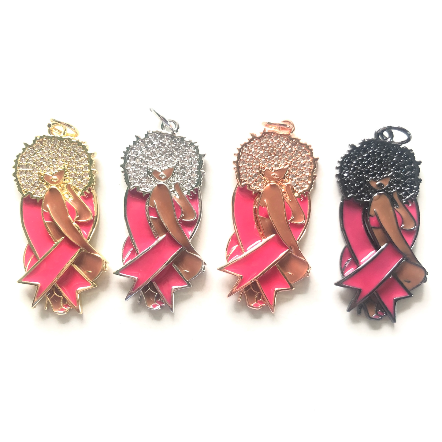 10pcs/lot Pink Ribbon CZ Pave Afro Black Girl Charms for Breast Cancer Awareness Mix Colors CZ Paved Charms Afro Girl/Queen Charms Breast Cancer Awareness Charms Beads Beyond