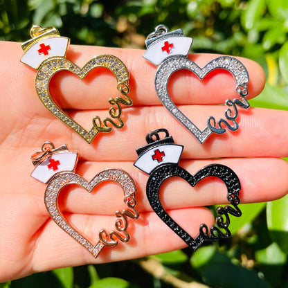 10pcs/lot 33*30mm CZ Pave Nurse Cap Heart Hero Word Charms Mix Colors CZ Paved Charms New Charms Arrivals Nurse Inspired Charms Beads Beyond