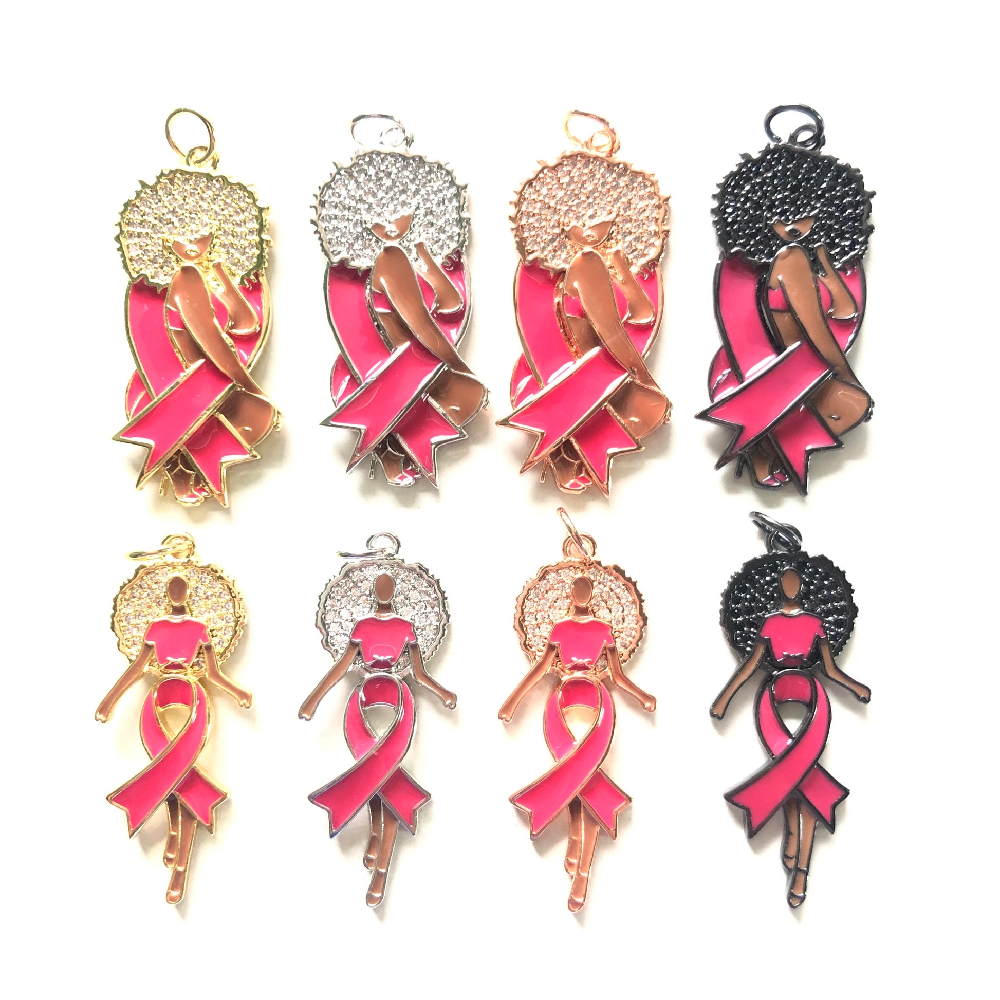 10pcs/lot Breast Cancer Awareness Enamel Pink Ribbon CZ Pave Afro Black Girl Mix Charms Bundle Mix All Colors CZ Paved Charms Breast Cancer Awareness Mix Charms New Charms Arrivals Charms Beads Beyond