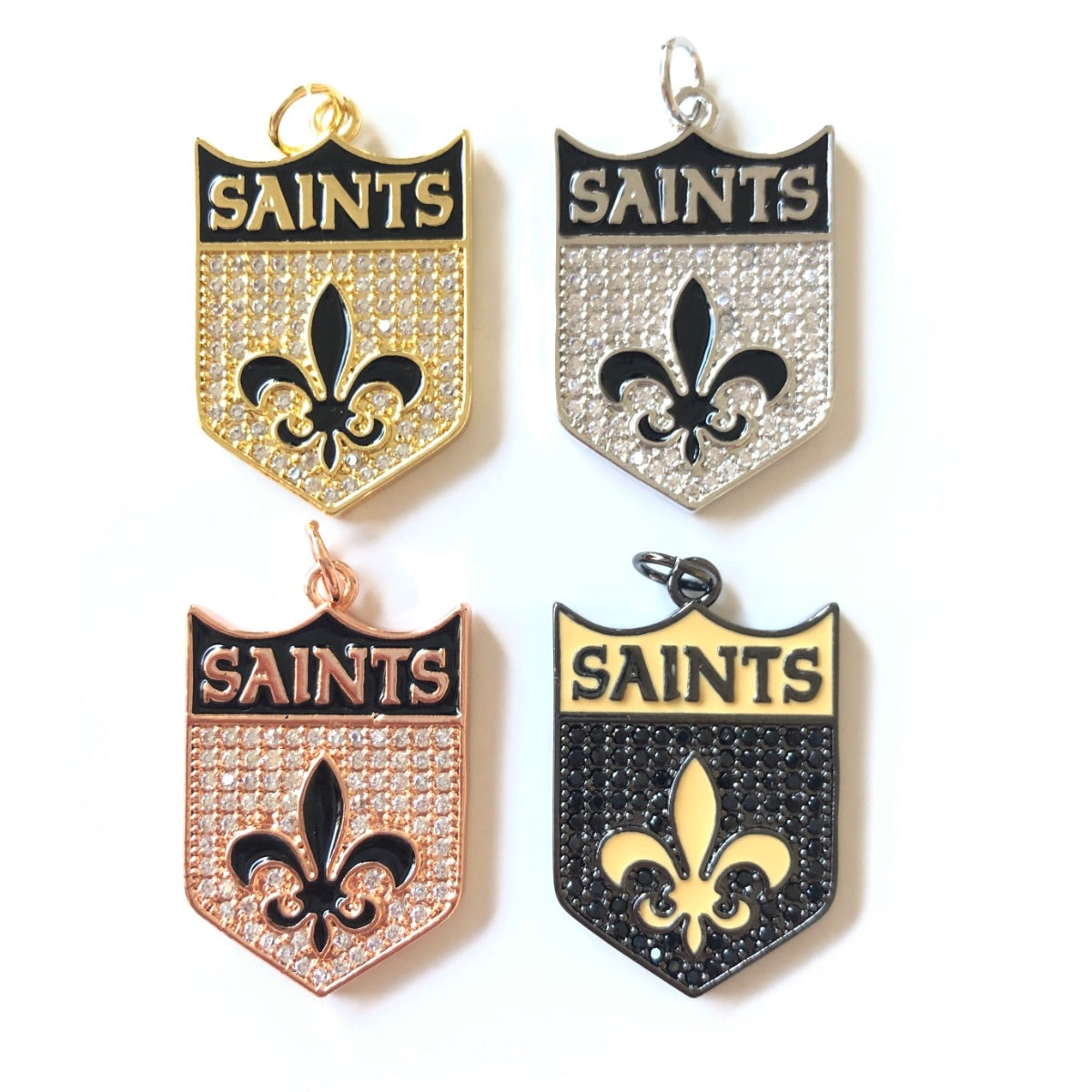 10pcs/lot 31*20mm Fleur De Lis CZ Saints Shield Charms CZ Paved Charms American Football Sports Louisiana Inspired New Charms Arrivals Charms Beads Beyond