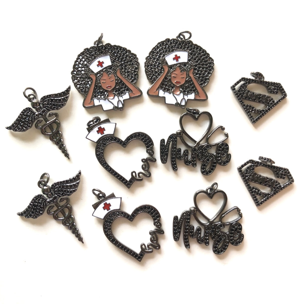 10pcs/lot Mix Nurse Girl Nurse Hero Heart Super Nurse Medical Sign Charms Set- Black on Black CZ Paved Charms Mix Charms Nurse Inspired Charms Beads Beyond