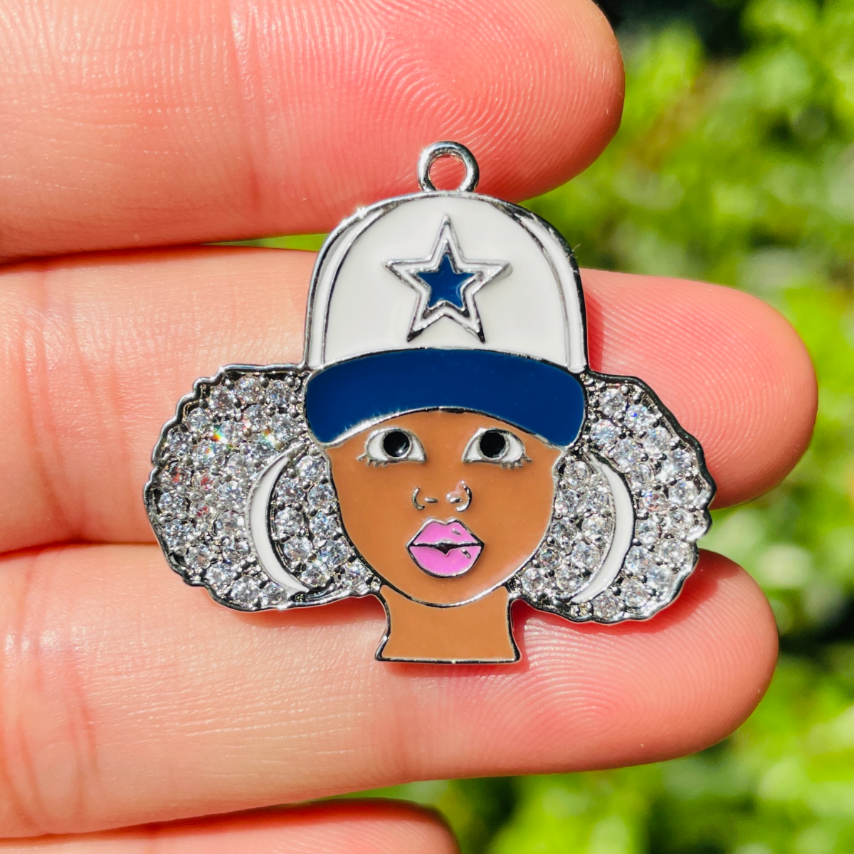 10pcs/lot 32.8*29.5mm CZ Paved Cowboys Black Girl Charms Silver CZ Paved Charms Afro Girl/Queen Charms American Football Sports New Charms Arrivals Charms Beads Beyond
