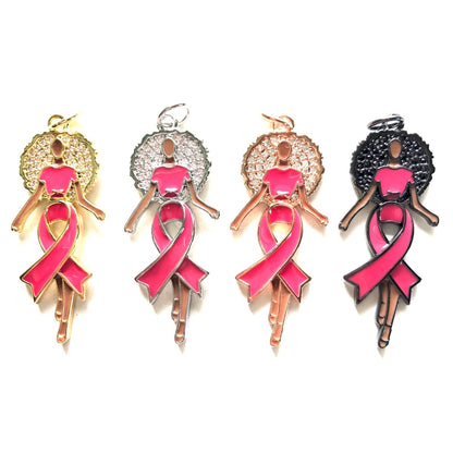 10pcs/lot Enamel Pink Ribbon CZ Pave Afro Black Girl Charms for Breast Cancer Awareness CZ Paved Charms Afro Girl/Queen Charms Breast Cancer Awareness New Charms Arrivals Charms Beads Beyond