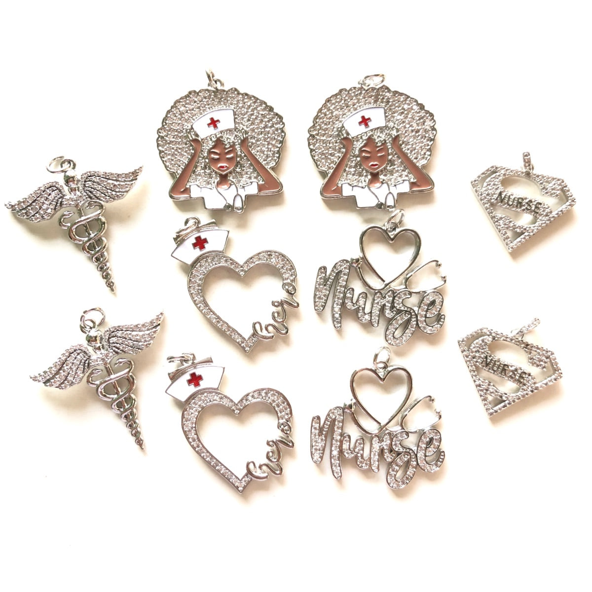 10pcs/lot Mix Nurse Girl Nurse Hero Heart Super Nurse Medical Sign Charms Set- Silver CZ Paved Charms Mix Charms Nurse Inspired Charms Beads Beyond